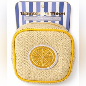 Wandering Moon NWT Lemon Square Zipper Pouch Yellow Woven Straw Style Makeup Bag